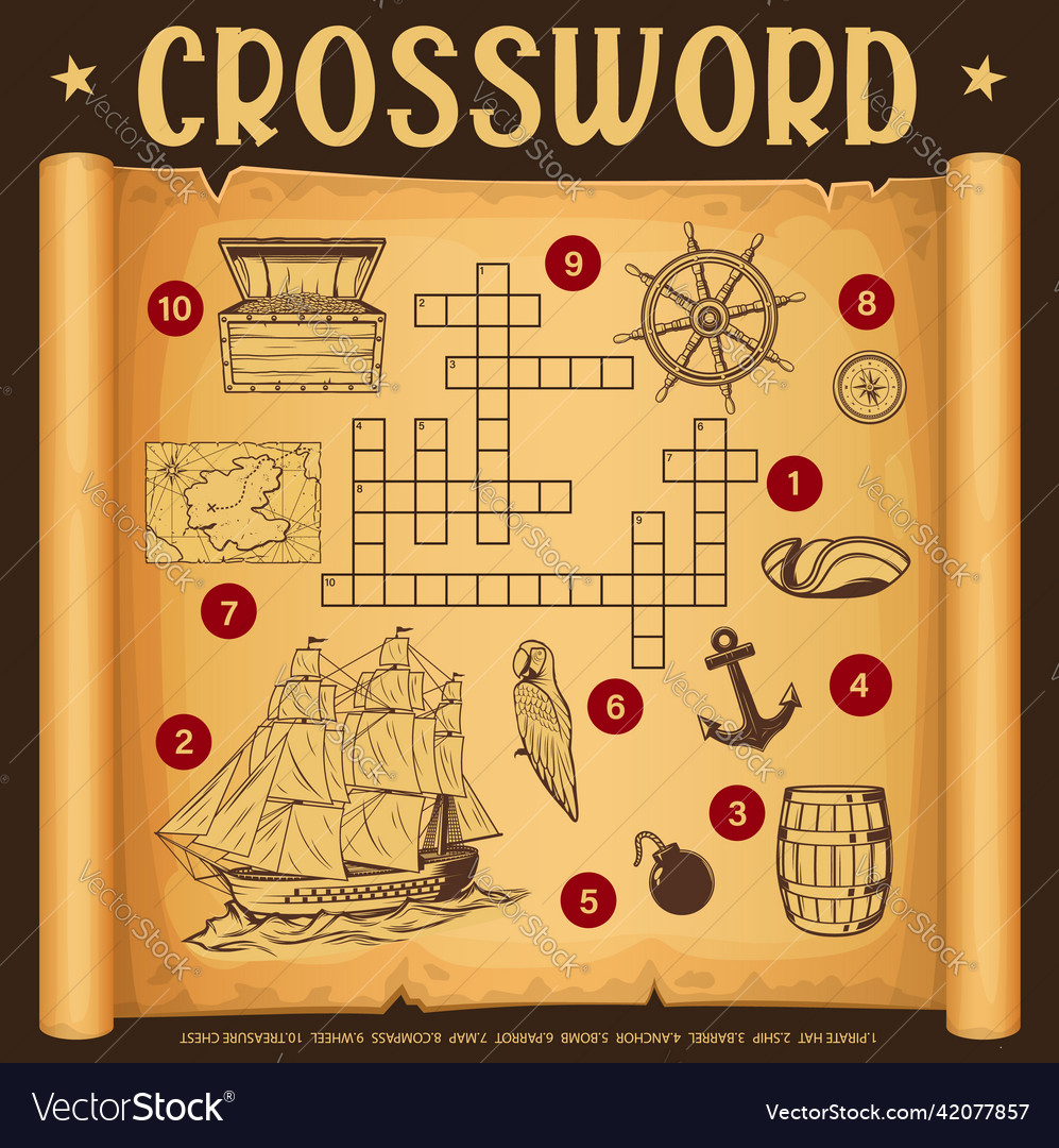 Pirate treasure hunt map and piracy crossword grid