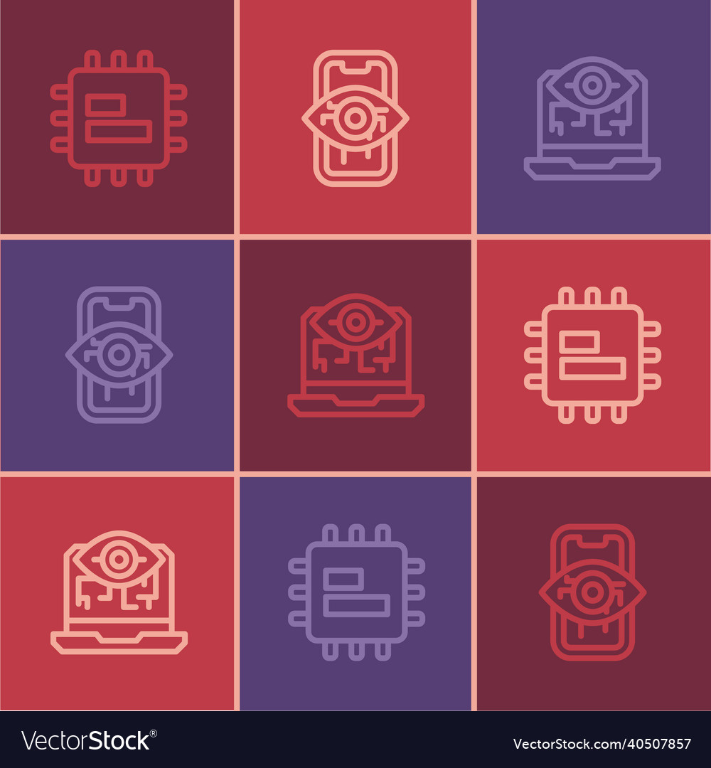 Set line processor cpu computer vision and icon vector image Set line processor cpu computer vision and icon
