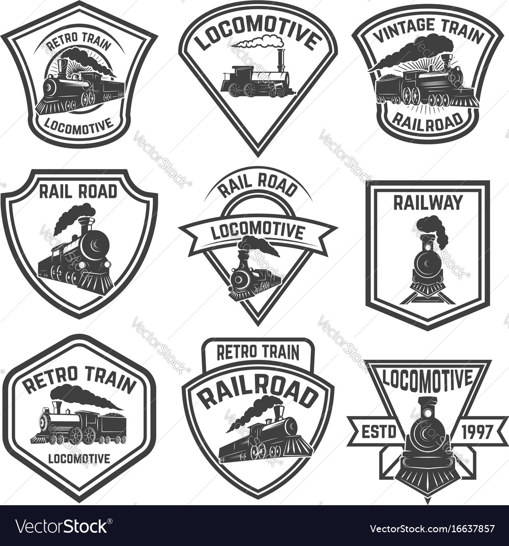 Set of the emblems with vintage trains isolated Vector Image