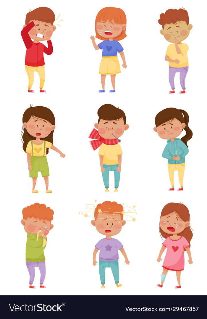 Sick children standing and feeling unwell Vector Image