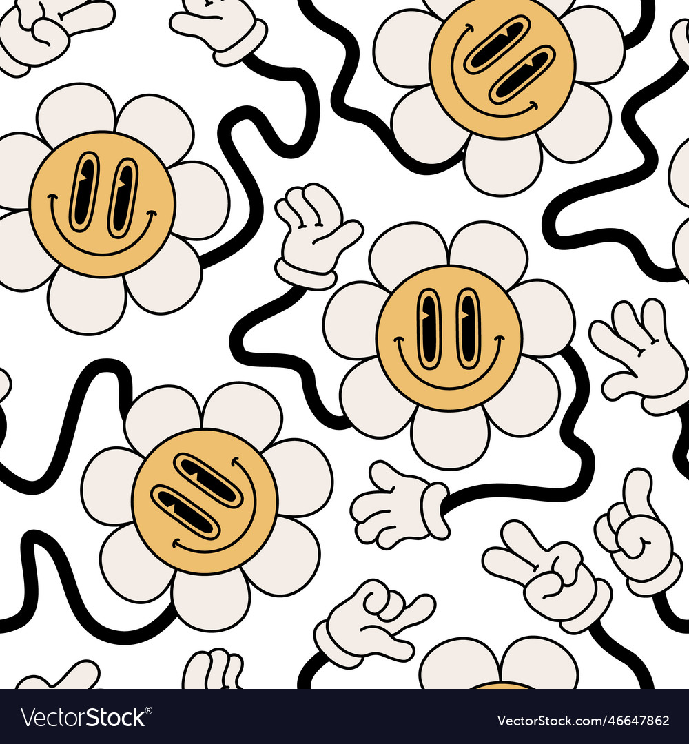 Abstract smiling flower face seamless pattern