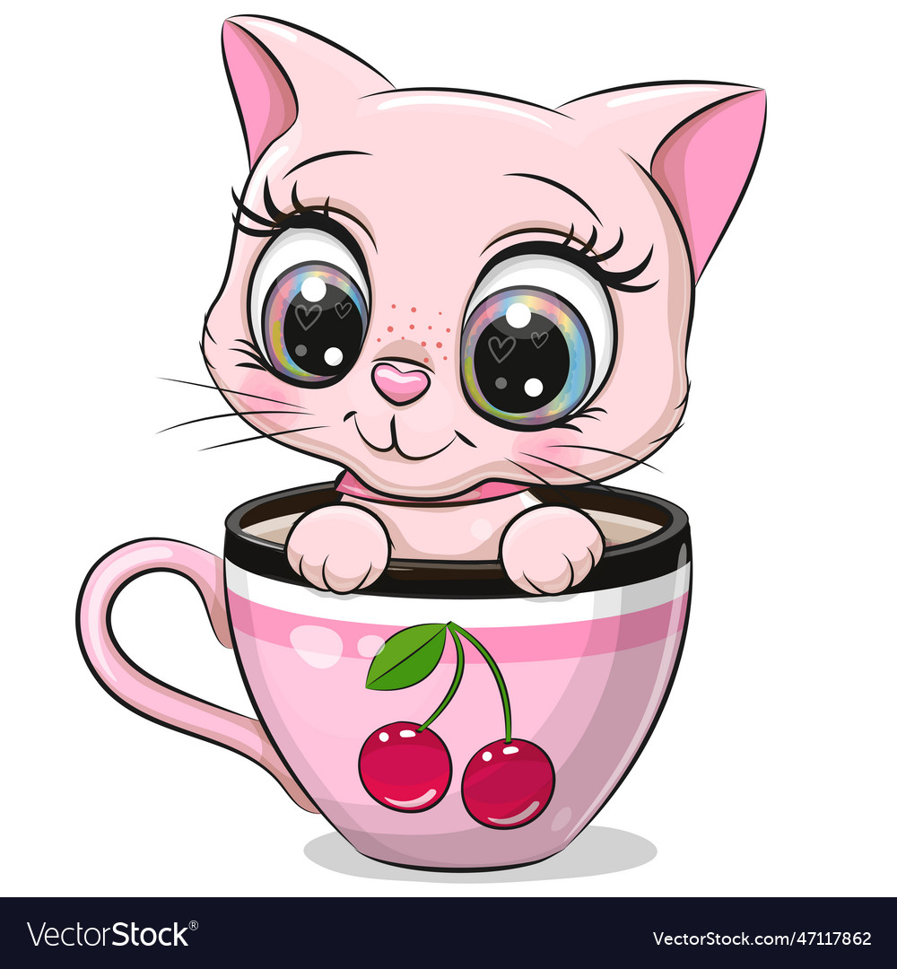 Cartoon pink kitten is sitting in a cup Royalty Free Vector