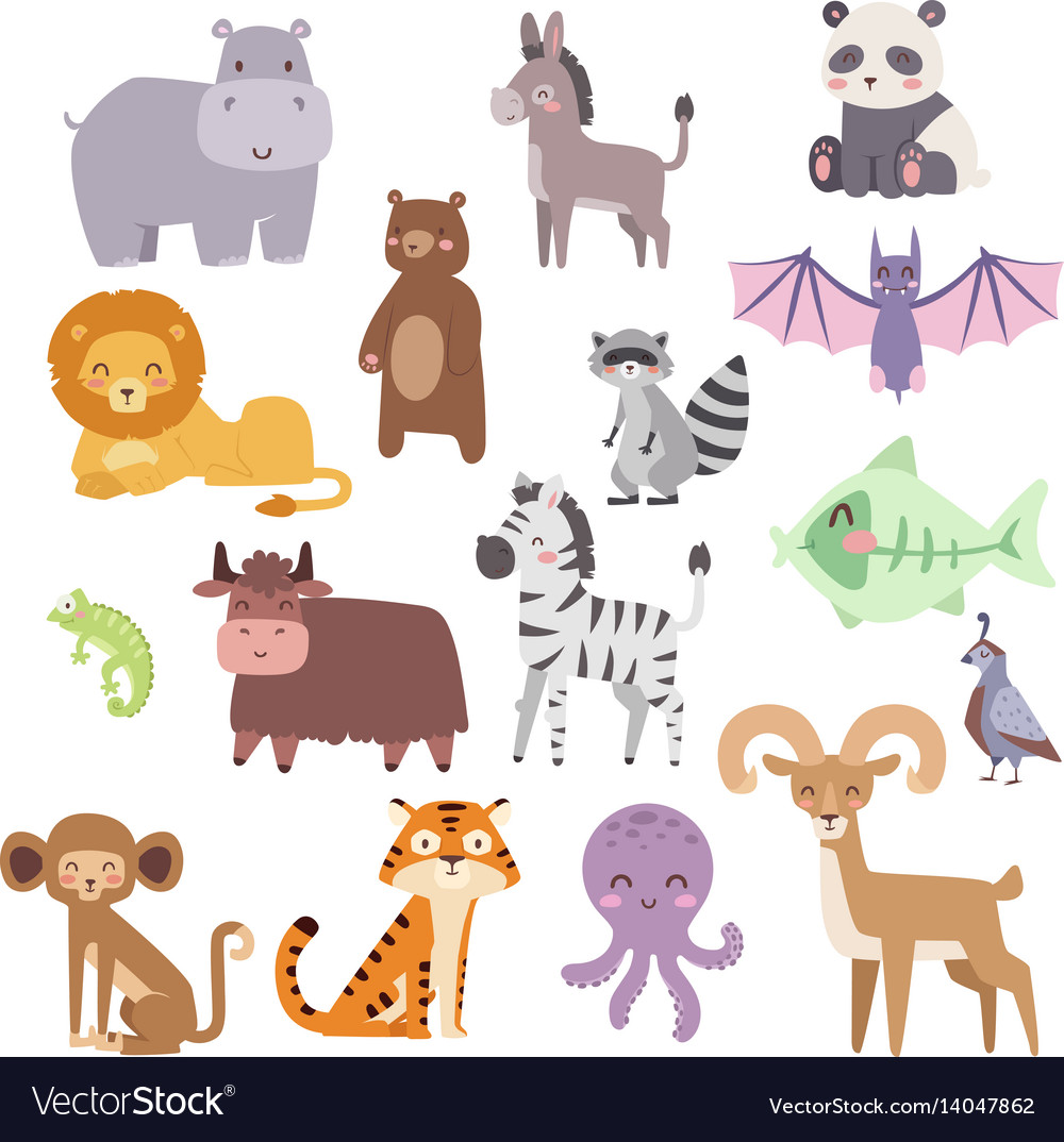 Cute zoo cartoon animals isolated funny wildlife Vector Image