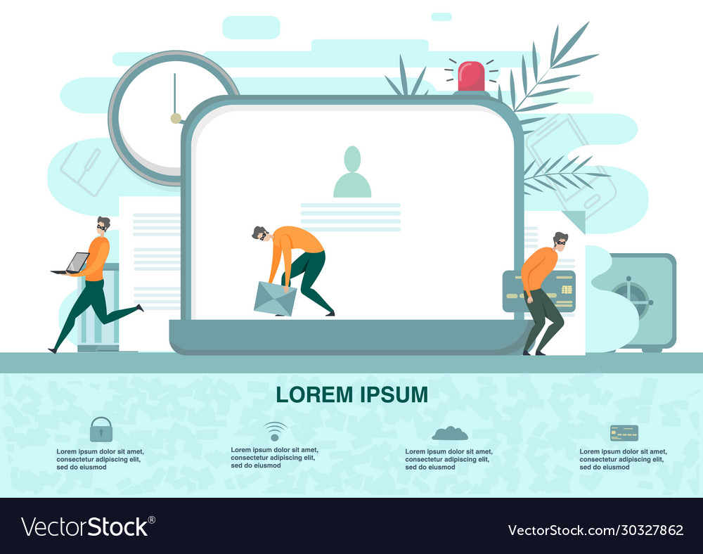 Hackers stealing data on computer and money info vector image Hackers stealing data on computer and money info