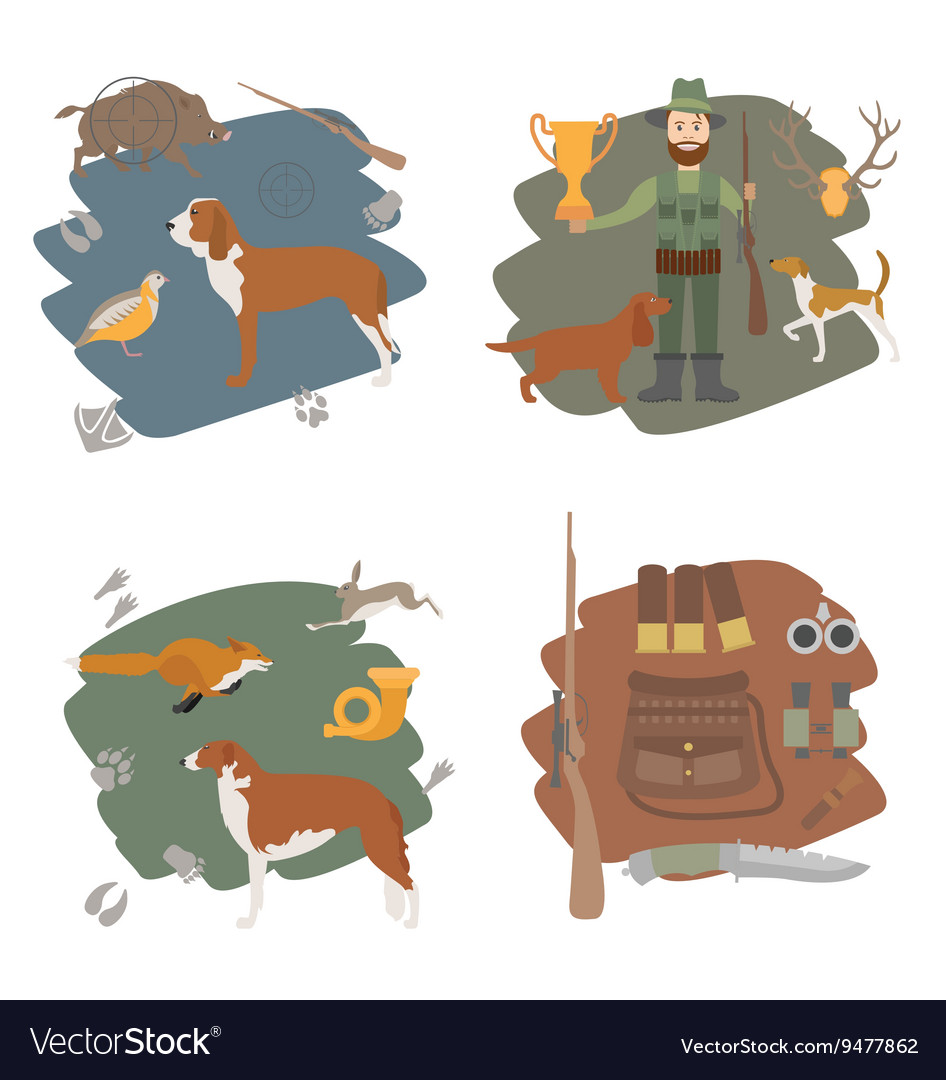 Hunting icon set dog equipment flat style