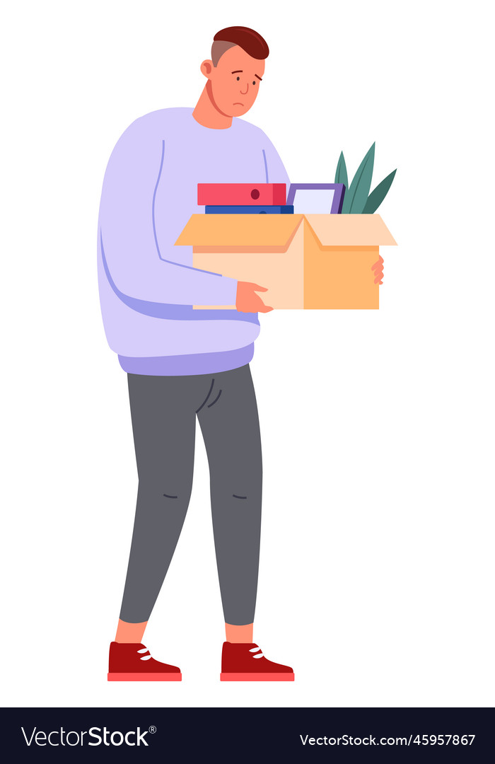 Sad man with stuff in cardboard box fired person Vector Image