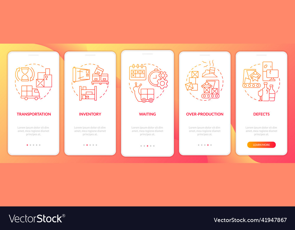 Types of muda red gradient onboarding mobile app vector image Types of muda red gradient onboarding mobile app