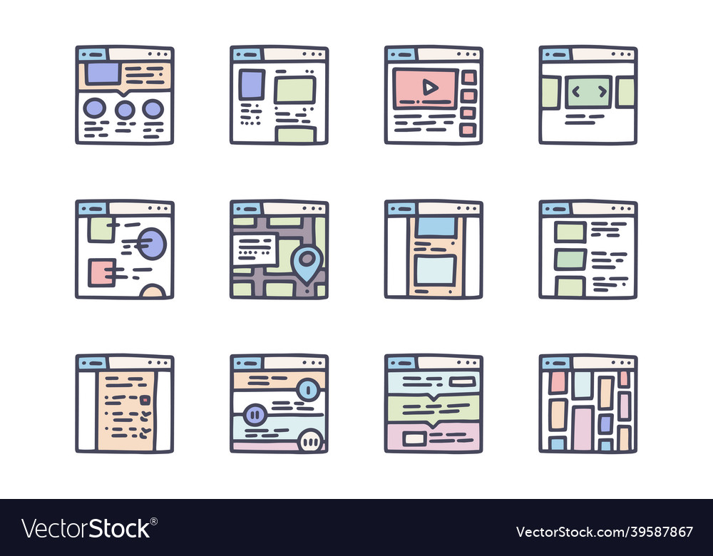 Web design color doodle simple icon set vector image Web design color doodle simple icon set