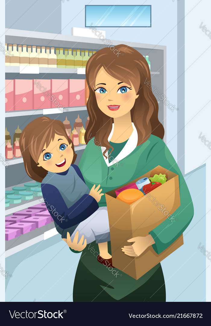 Mother carrying her daughter and grocery bags