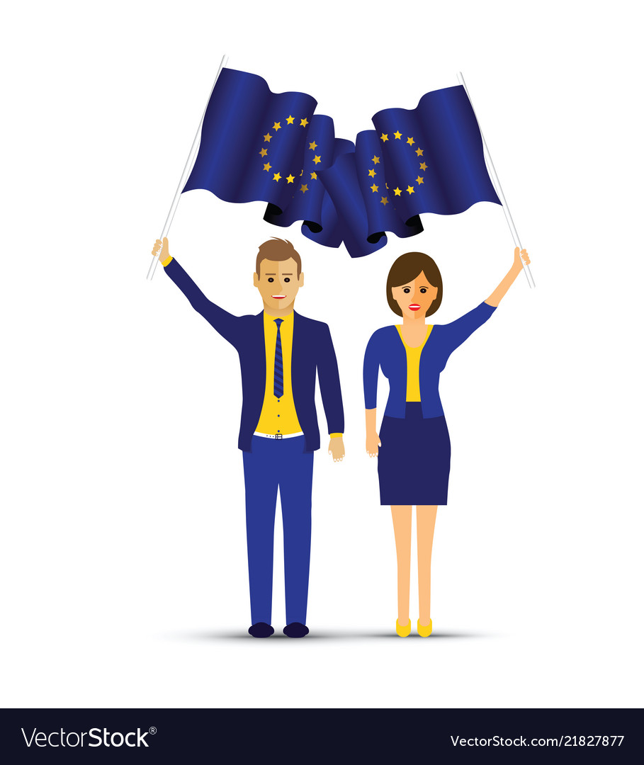 A couple with european waving flags