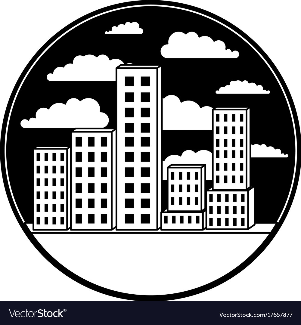 Building set big city in circular frame with cloud