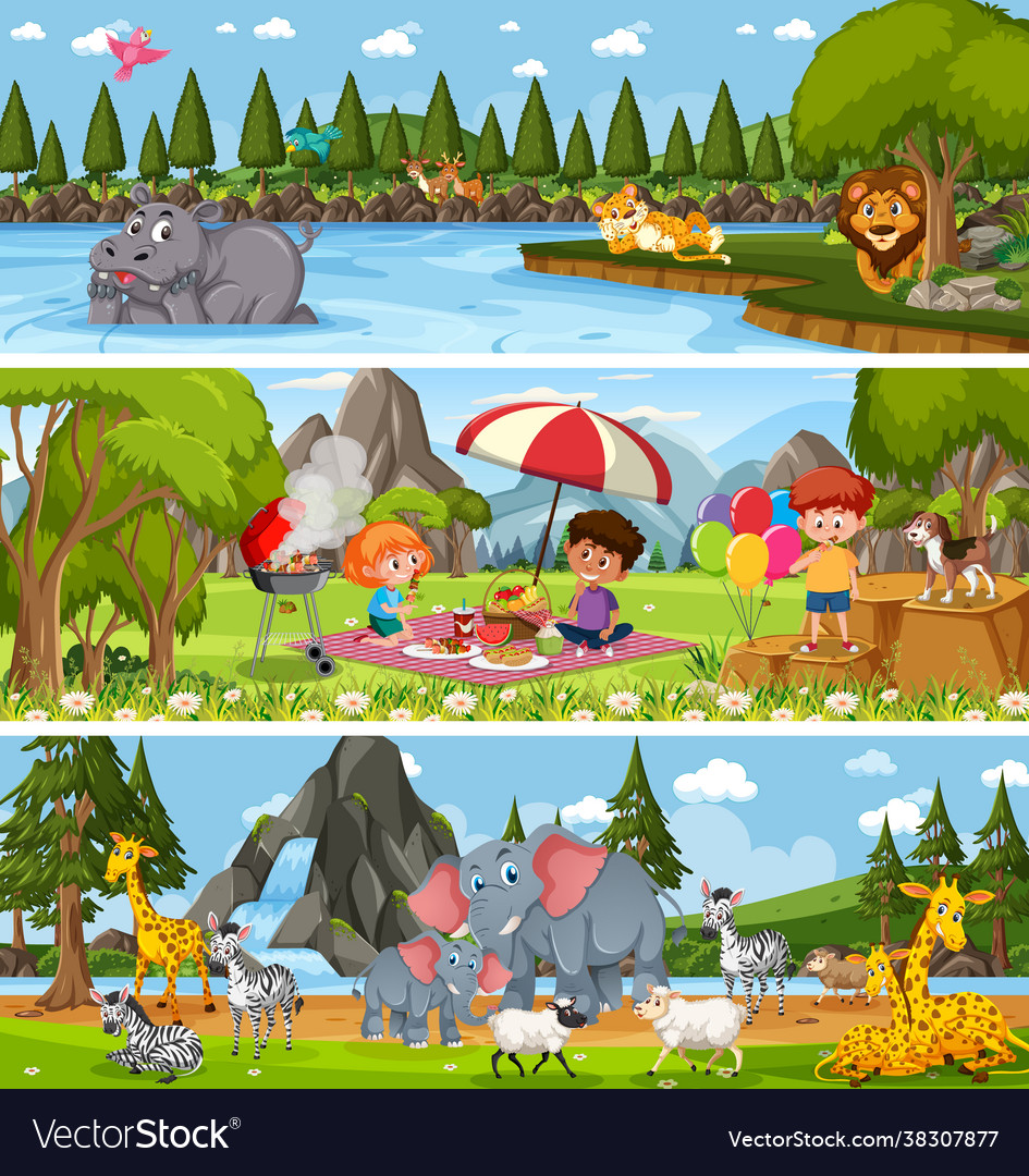 Outdoor panorama landscape scene set with cartoon