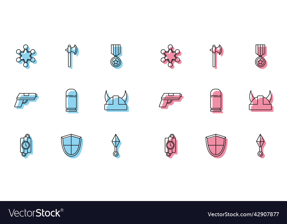 Set line dynamite stick and timer clock shield vector image Set line dynamite stick and timer clock shield