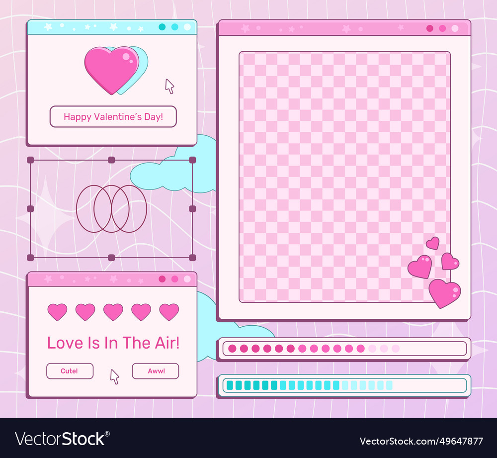 Y2k valentine day retro computer interface set vector image Y2k valentine day retro computer interface set
