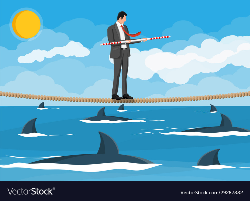 Businessman walking a tightrope over shark in sea