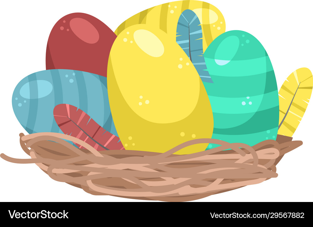 Flat a wicker basket with easter eggs Royalty Free Vector
