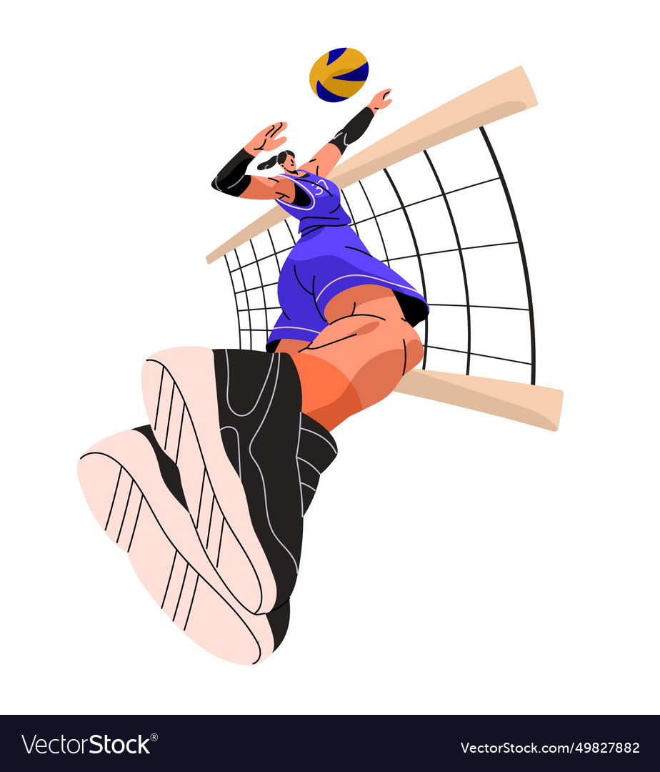 Professional volleyball player attacks over net