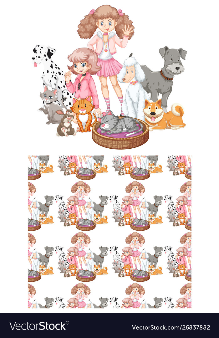 Nahtloses Hintergrunddesign mit Mädchen und Haustieren vector image Nahtloses Hintergrunddesign mit Mädchen und Haustieren