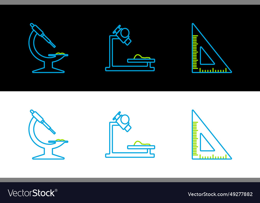 Set line triangular ruler microscope and icon vector image Set line triangular ruler microscope and icon