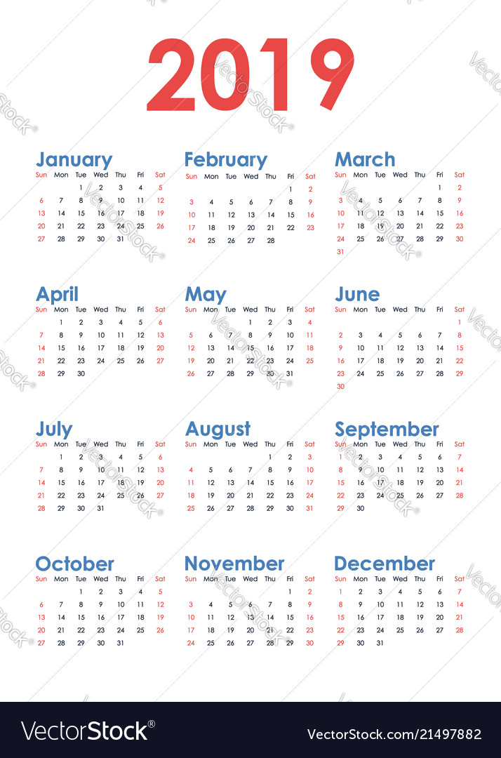 Simple vertical calendar for 2019 year on white Vector Image