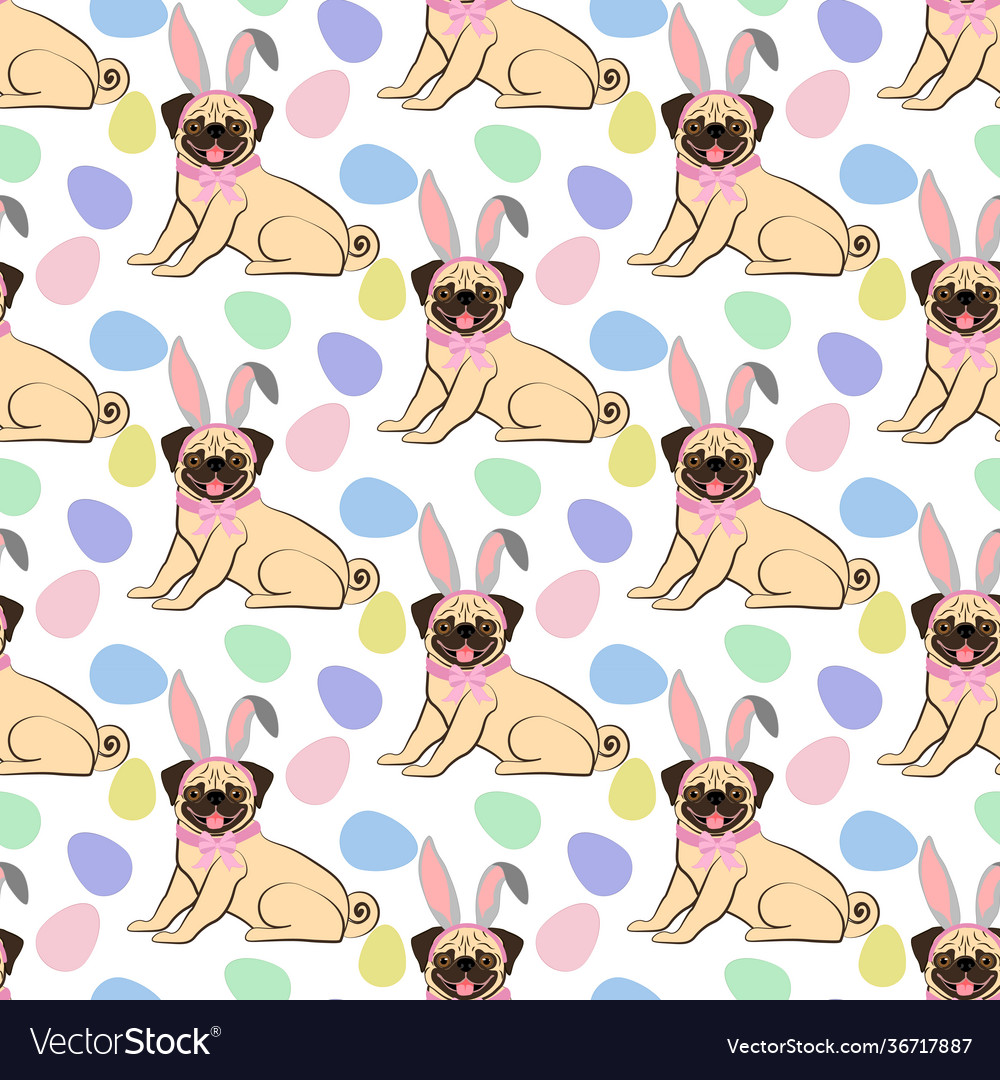 Easter pug wearing bunny ears seamless pattern