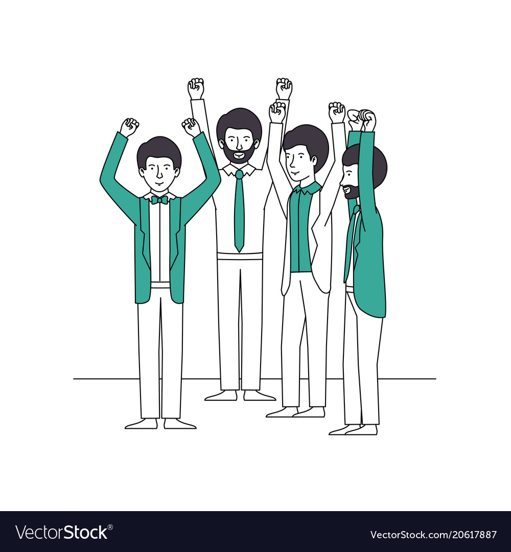 Group of businessmen with hands up and green