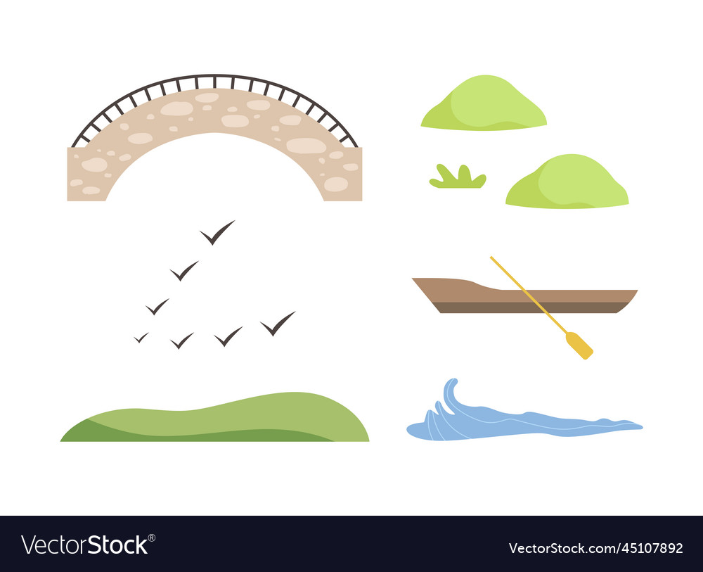 Arched stone bridge flying birds boat with oar