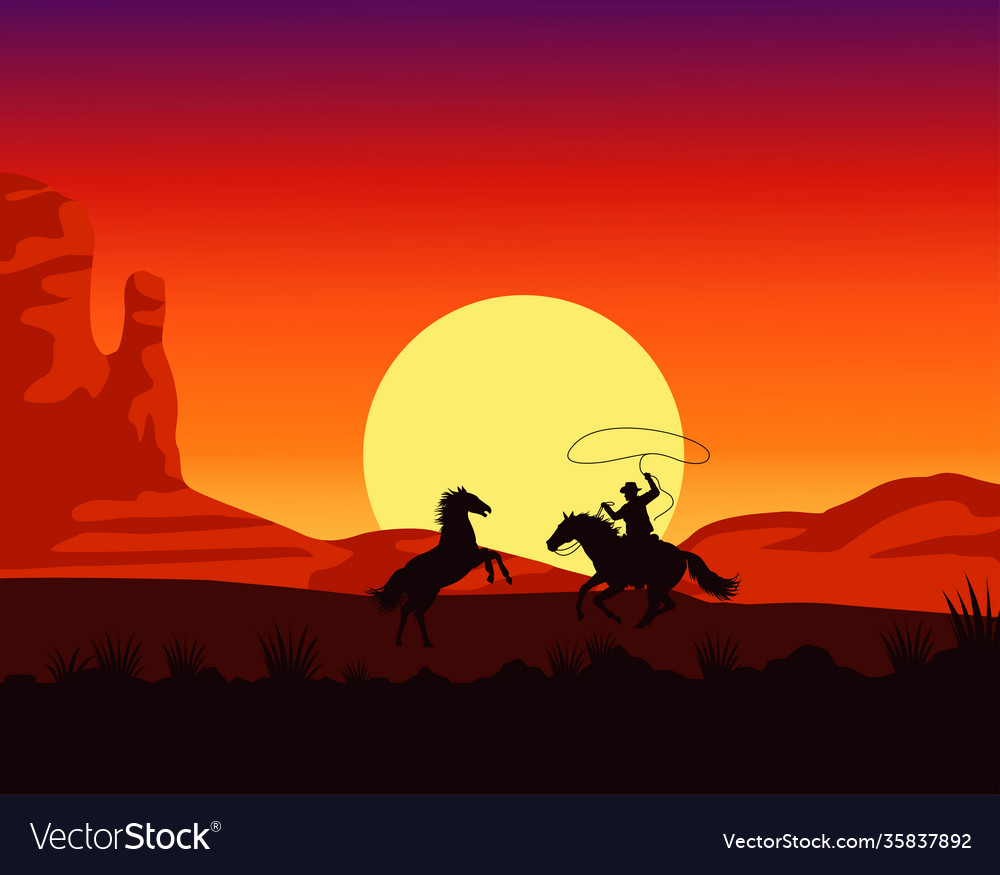 Wild west sunset scene with cowboy lassoing horse