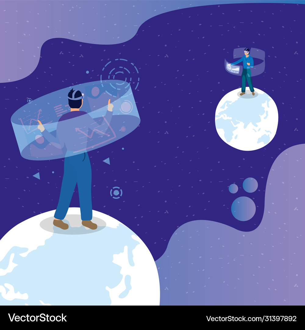 Young men using reality virtual tech Royalty Free Vector
