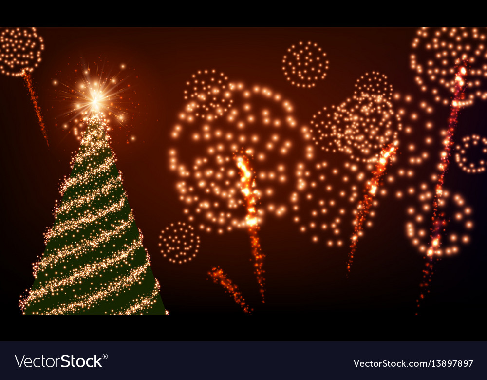 Background With Christmas Tree And Fireworks Vector Image