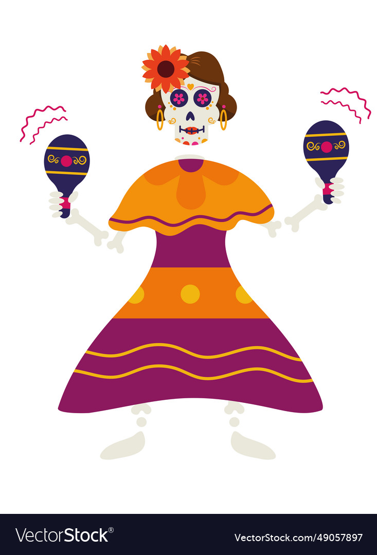 Dia de los muertos woman skeleton with maracas Vector Image