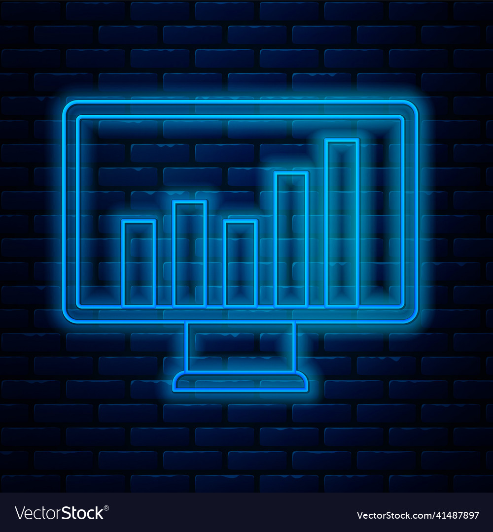 Glowing neon line computer monitor with graph vector image Glowing neon line computer monitor with graph