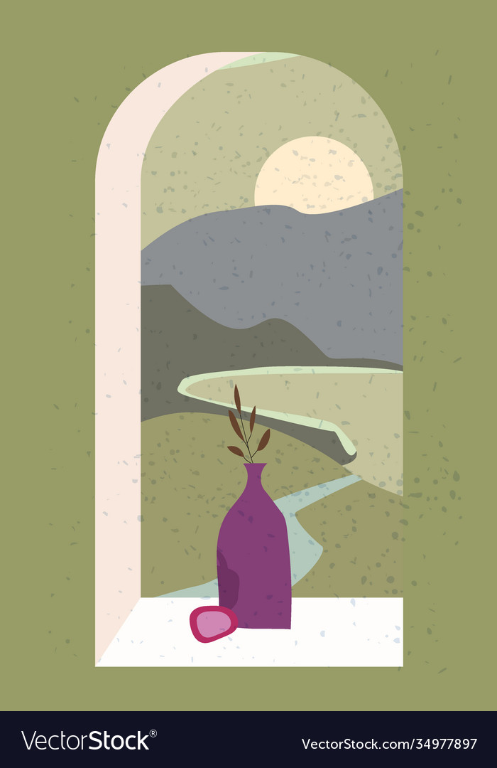 Open old window with landscape abstract view vector image Open old window with landscape abstract view