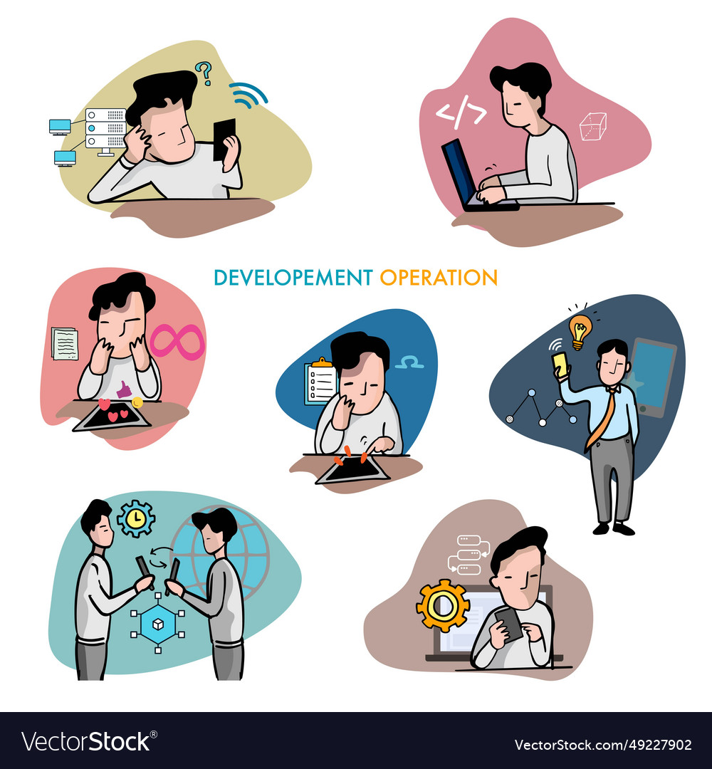 Man working with computer smart phone and pad vector image Man working with computer smart phone and pad