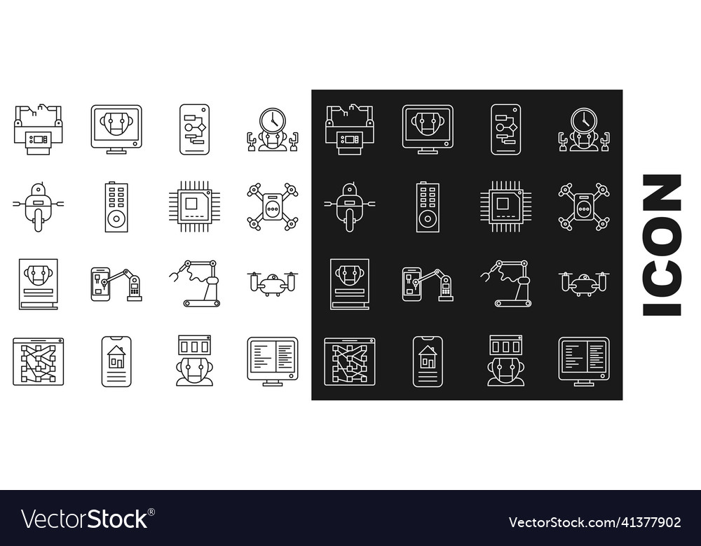 Set line computer monitor screen drone flying vector image Set line computer monitor screen drone flying