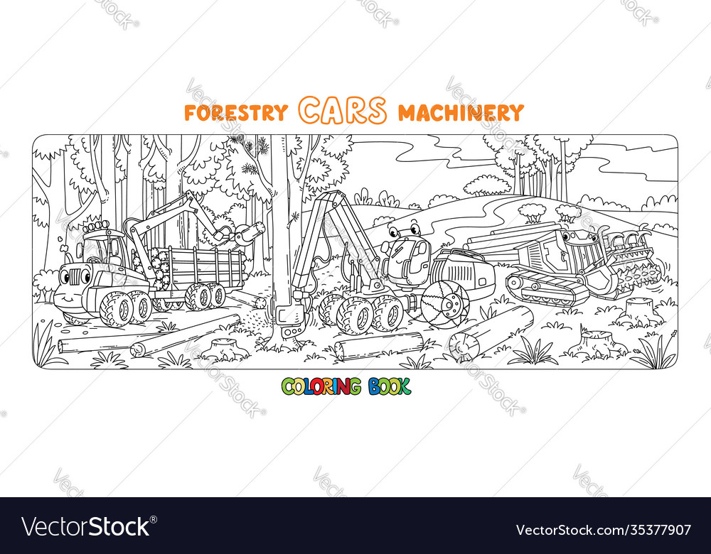 Forestry machinery cars with eyes coloring book Vector Image
