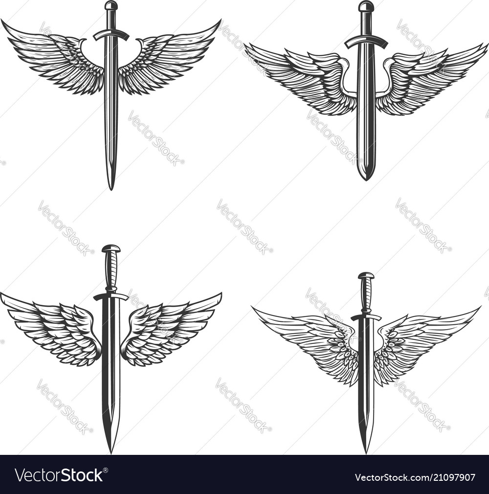 Set of emblems with medieval sword and wings Vector Image