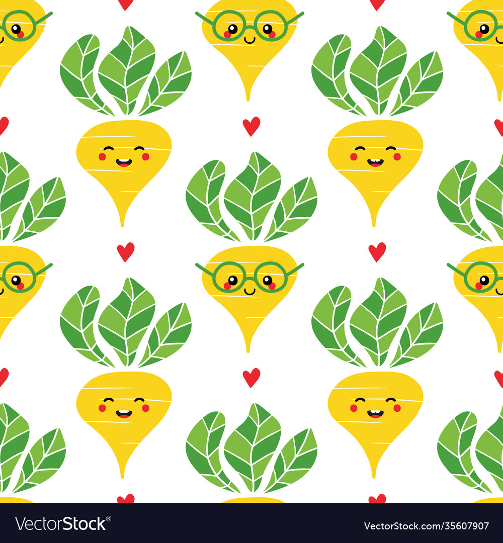 Yellow turnip characters and hearts pattern vector image Yellow turnip characters and hearts pattern