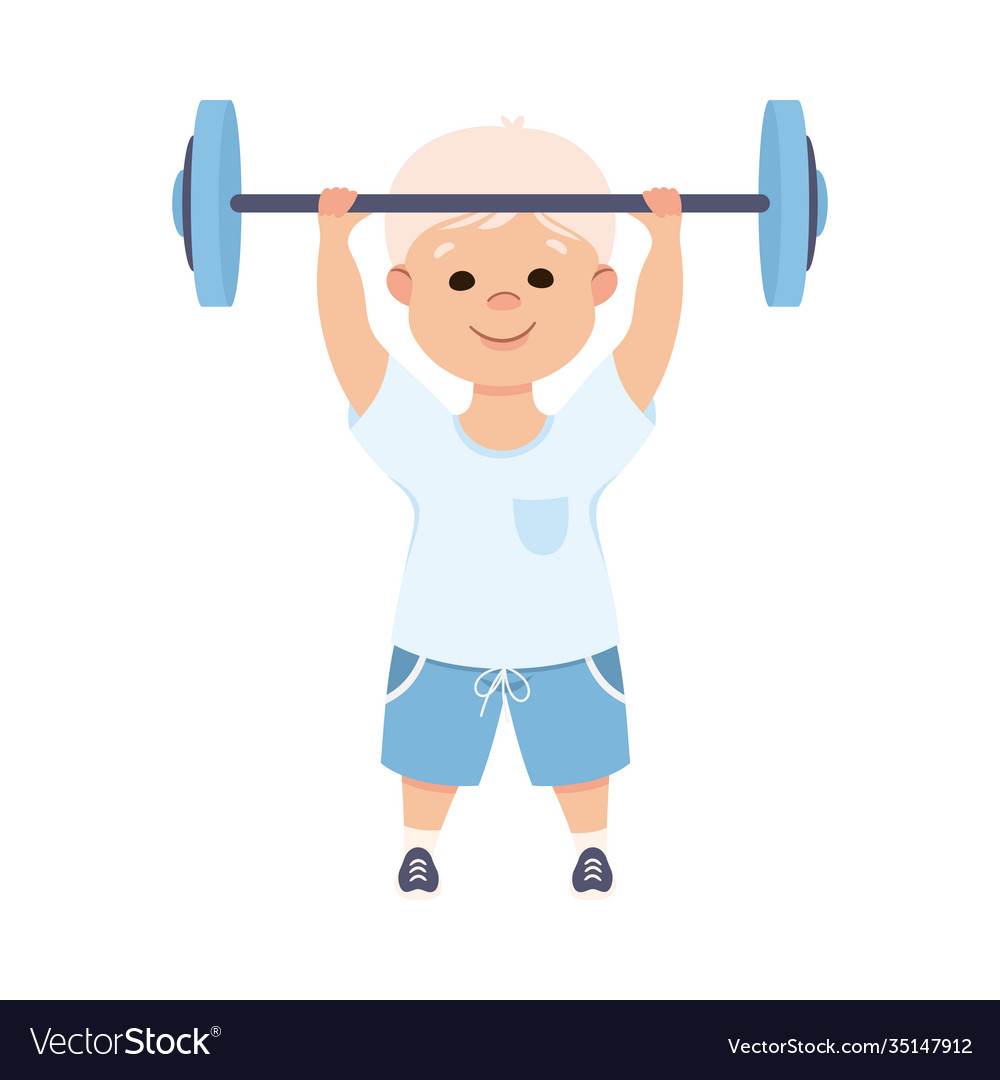 Cute boy lifting barbell kid doing sports active Vector Image