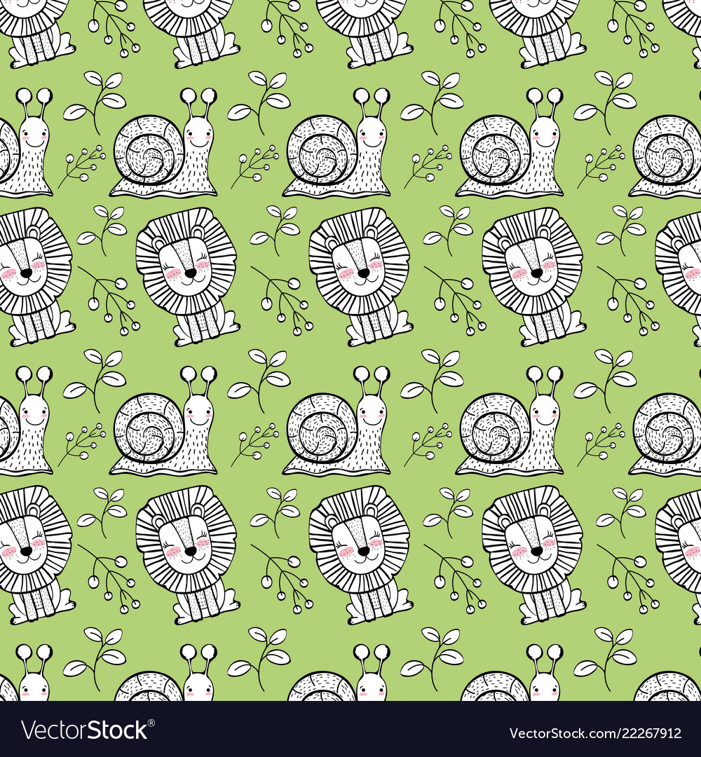 Cute snail and lion animals background