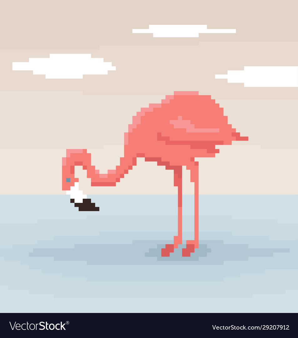 Pixel art flamingo is standing in water Royalty Free Vector