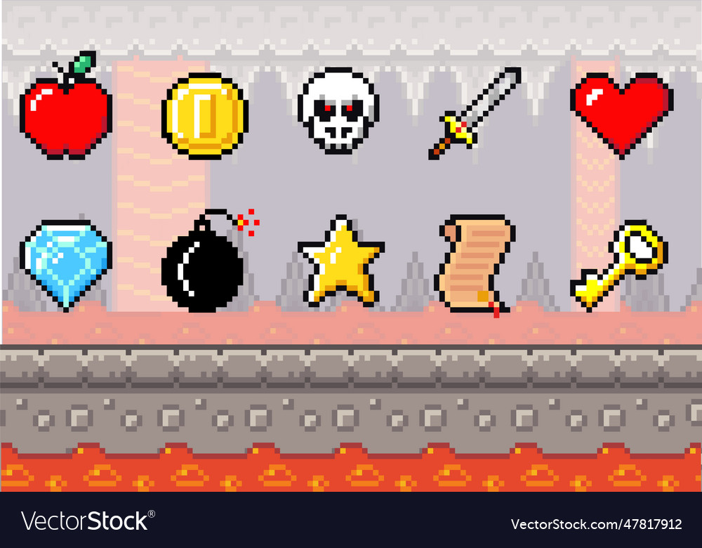 Pixel art game scene of dungeon with lava