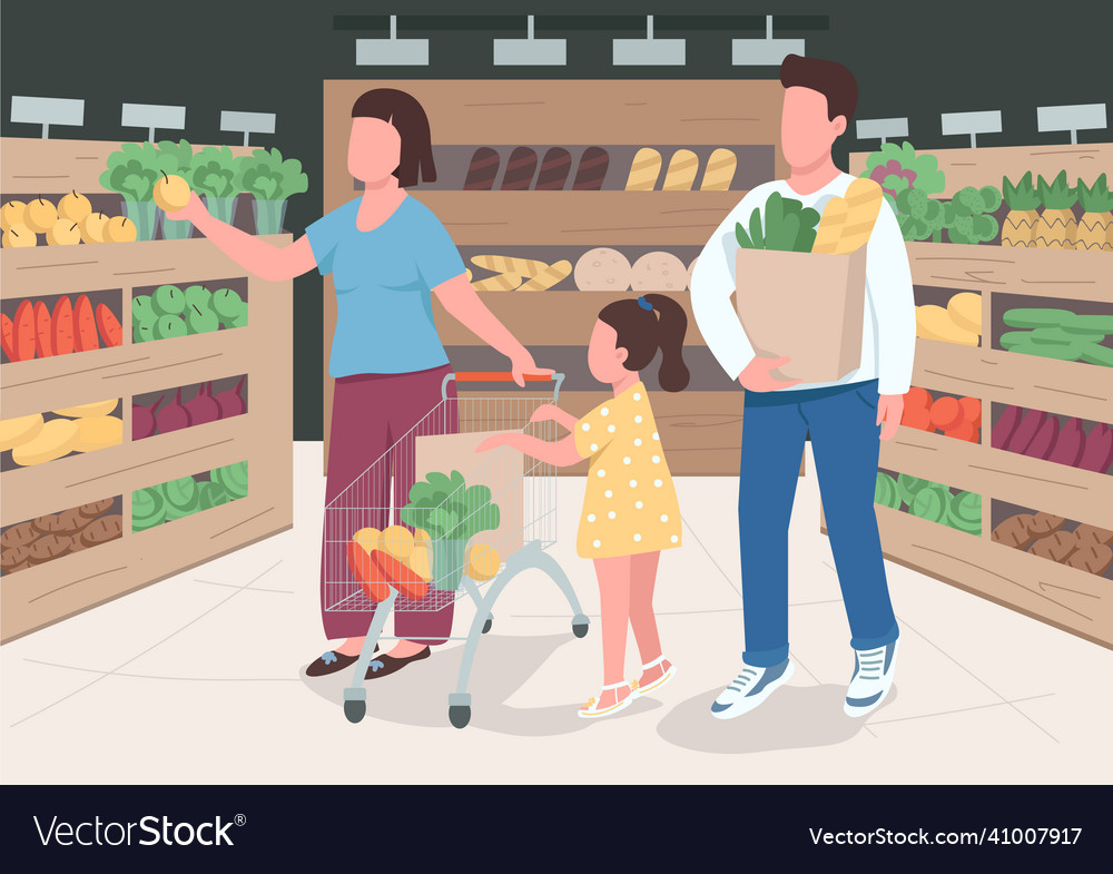 Family in supermarket flat color husband