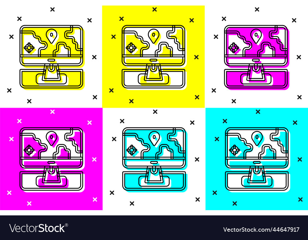 Set computer monitor and folded map with location vector image Set computer monitor and folded map with location