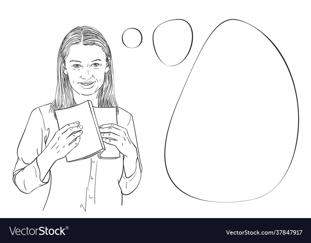 Young woman holds open book looks at camera