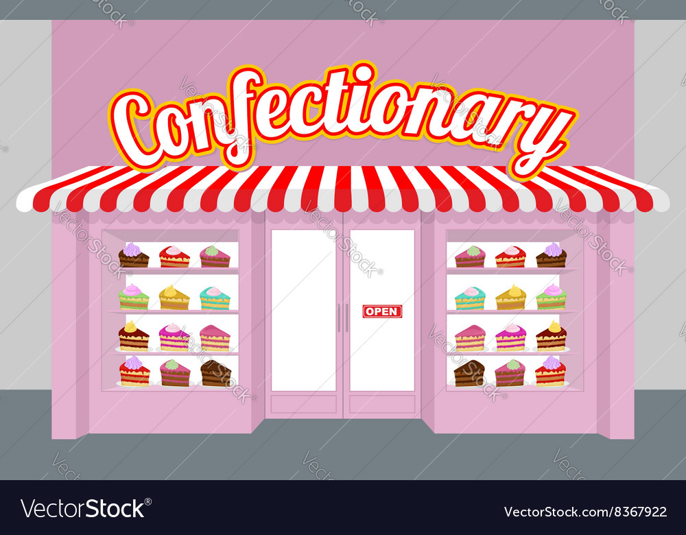 Confectionary storefront with cakes pieces of cake