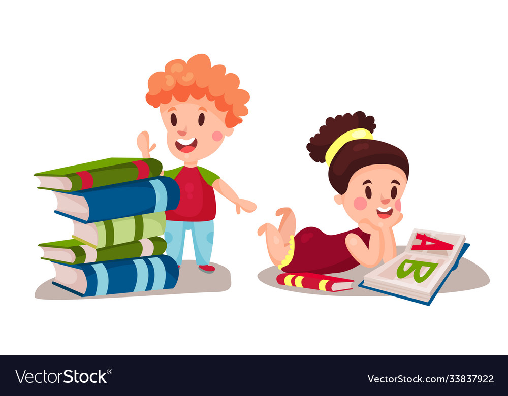 Little children sitting and standing reading book Vector Image