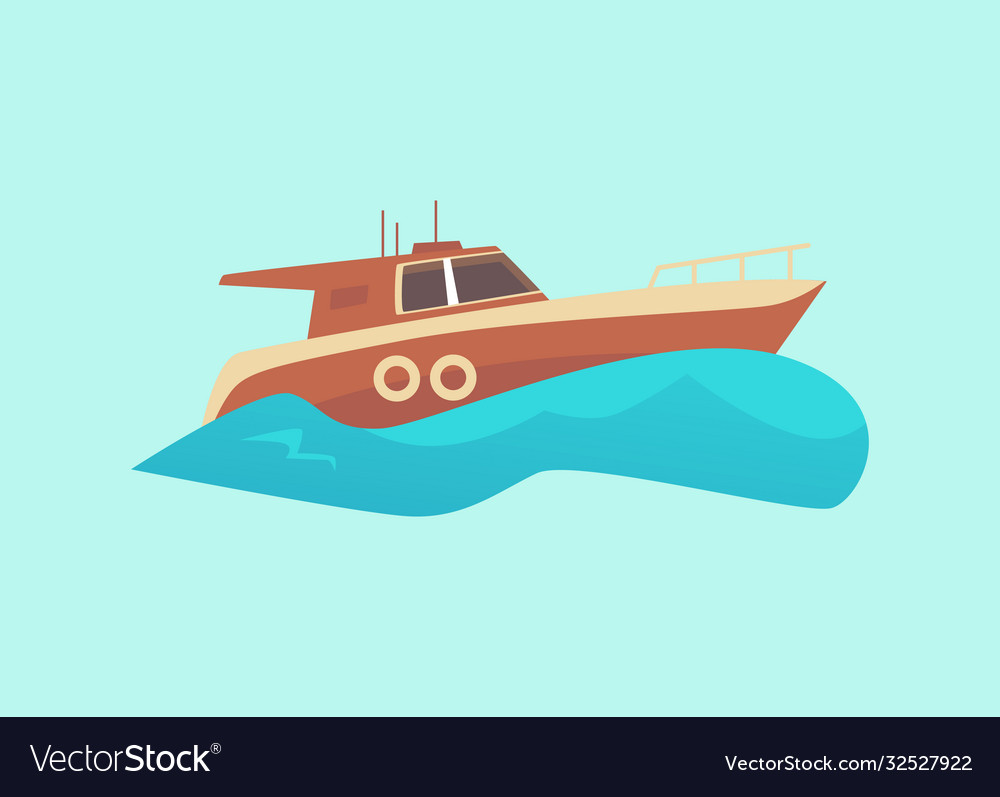 Motorized sea boat or yacht in water wave flat