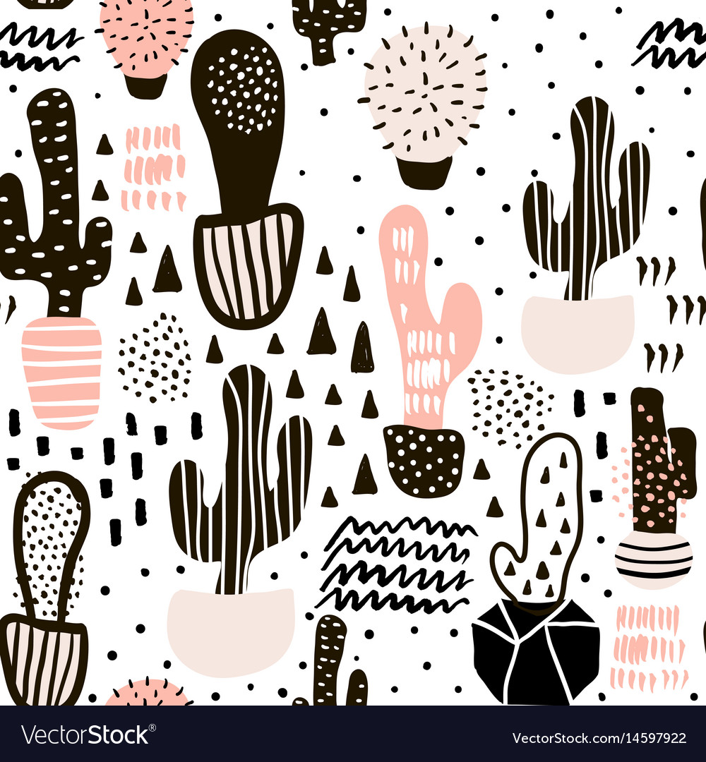 Seamless pattern with cactuses and hand drawn