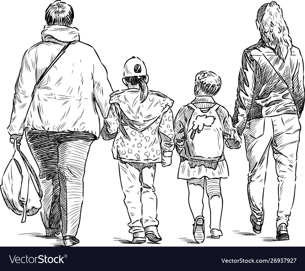 Mothers with their daughters going from school